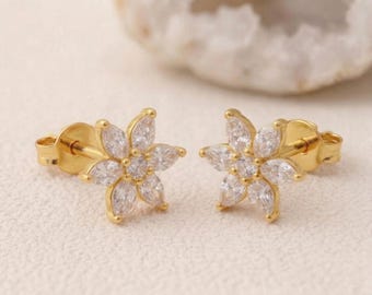 14k Marquise Diamond Flower Stud Earrings, Floral Gold Studs, Dainty Everyday Diamond Earrings, Minimalist Jewelry, Perfect gift
