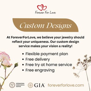 May include: An advertisement for Forever For Love jewellery, featuring the text "Custom Designs" on a gold banner. The image promotes custom design services, flexible payment plans, free delivery, and free engraving. The logo shows two intertwined hearts.