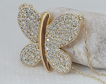 Vlinderketting, 14 kt massief geelgouden vlinderketting, diamanten vlinderketting, minimalistische vlinderketting, cadeaus voor haar