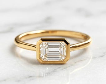 2ct E, VVS2, IGI Certified Lab-Grown Emerald Cut Engagement Ring East West Bezel setting 18K Solid Gold, Perfect gift for her