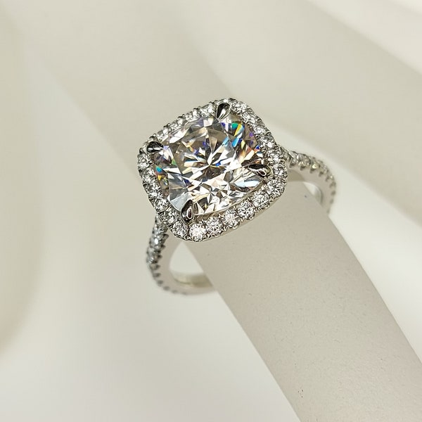 3 Carat Cushion cut Halo Forever Moissanite Engagement Ring 14k White Gold, Genuine UK Hallmark Wedding Ring Diamond Halo