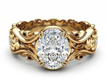 Oval Cut Diamond Engagement Ring 2.5ct, E, VVS2 IGI Certified Vintage Floral Gold Ring, Unique Band, Antique Style Solitaire Ring
