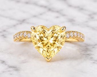 Yellow Heart Diamond Engagement Ring Heart Cut Diamond Proposal Ring Yellow Lab Grown Diamond Ring Heart Cut Pave Band Anniversary Ring