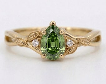 1.6ct Blue Green sapphire ring, Peacock engagement ring, Pear sapphire ring, 14k Yellow gold engagement ring, Cluster diamond ring