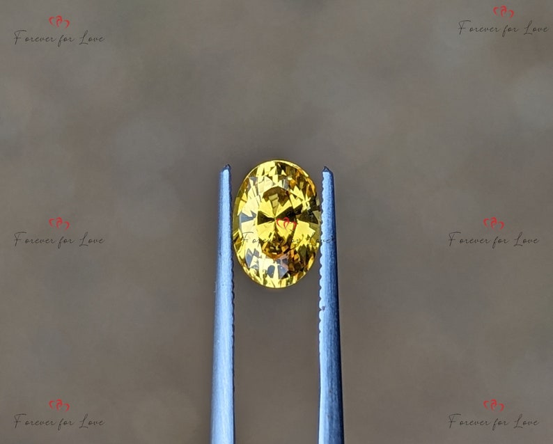 May include: A yellow oval gemstone held by tweezers. The gemstone has a faceted cut and is transparent.