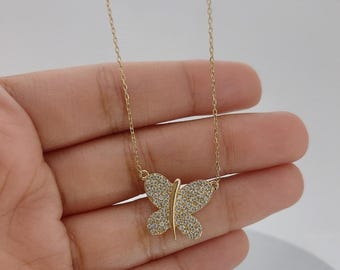 Butterfly Necklace, 14K Solid Yellow Gold Butterfly Necklace, Diamond Butterfly Necklace, Minimalist Butterfly Necklace, Gifts for Her