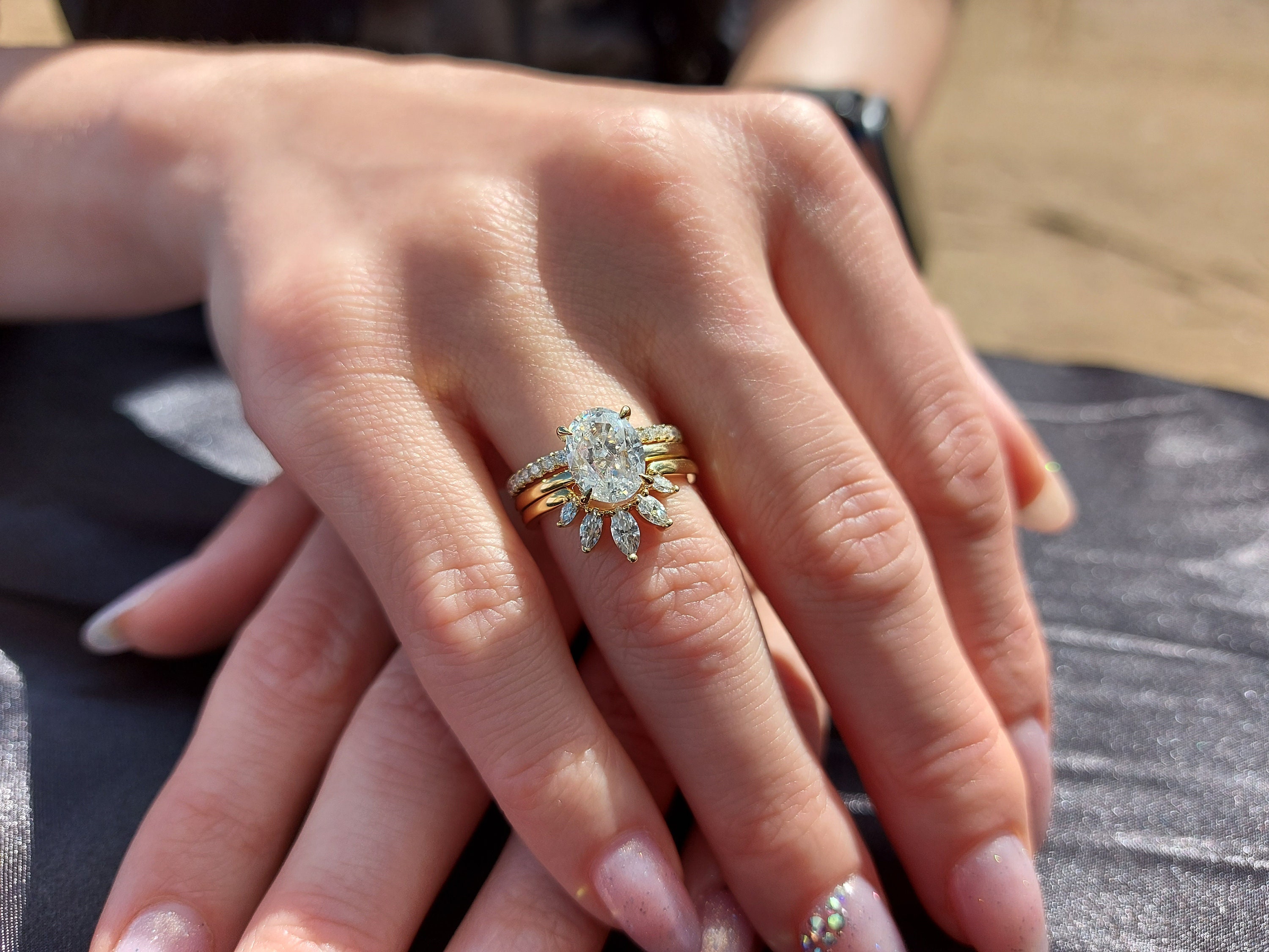 Oval Moissanite Engagement Ring Set Vintage Unique Yellow Gold - Etsy