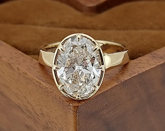 3Ct D VVS2 IGI certified lab grown Oval diamond engagement ring lab created diamond with bezel engagement ring, chunky Proposal Ring