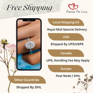 May include: A diamond engagement ring with a large oval-cut center stone and a halo of smaller diamonds. The ring is displayed on a smartphone screen. The words "Free Shipping" and "Forever For Love" are also visible.