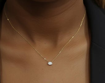 Collar de diamantes ovalados de 0,5 ct, oro amarillo de 14 k, delicado colgante ovalado minimalista, collar de diamantes reales para mujer, regalo especial para ella.