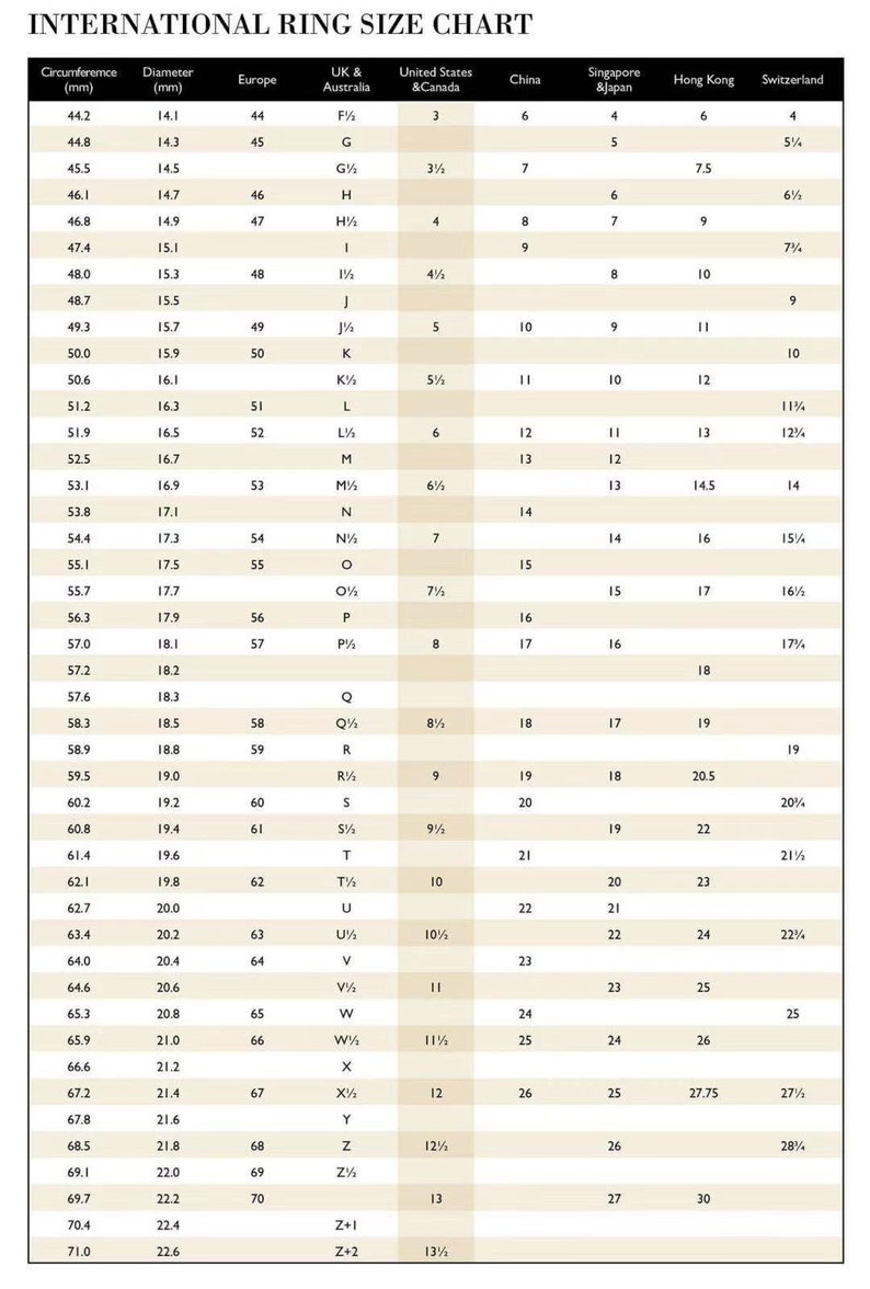 May include: A chart showing international ring sizes in millimeters, centimeters, and alphabetical sizing. The chart includes sizes for the United States, Canada, the United Kingdom, Australia, China, Singapore, Japan, Hong Kong, and Switzerland.