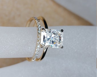 3Ct Moissanite Radiant Cut Wedding Set in Yellow Gold , Crushed Ice Radiant Bridal Set, Radiant Cut Bridal Set, Moissanite Anniversary Set.
