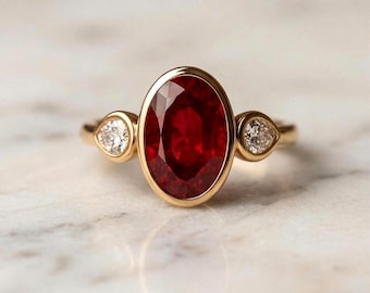 14k Oval Ruby lab Gemstone Ring, Bezel Set Ruby Engagement Ring, Minimalist Gold Ring with Side Pear Diamonds, Modern Statement Ring