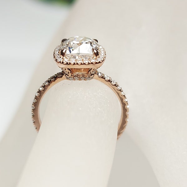 2 Carat Cushion cut Halo Forever Moissanite Engagement Ring 14k Rose Gold, Genuine UK Hallmark Wedding Ring Diamond Halo