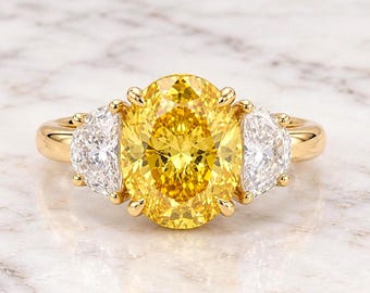 3.6Ct Yellow Oval Lab Diamond Ring, Half Moon side stone, Lab Grown Diamond Ring, 14k Solid gold, Custom made ring, Unique Engagement Ring.