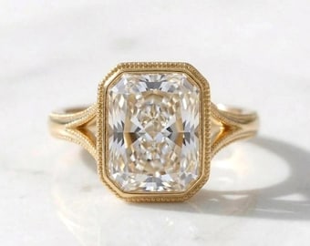 3.5 Carat E VVS2 lab grown Radiant Cut engagement ring in bezel setting 14K Solid Gold IGI Certified Emerald Diamond Proposal Ring.