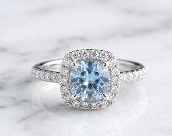 1.25 ct Aquamarine Engagement Ring 14K White Gold Diamond Women Wedding Halo Bridal Art Deco Anniversary Gift for her.