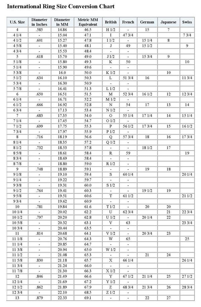 May include: A chart showing international ring size conversions. The chart includes US, British, French, German, Japanese, and Swiss ring sizes. The chart also includes the corresponding ring diameter in inches and millimeters.