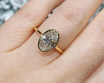 2.0 Carat D Color VVS2 Clarity Oval Cut Lab Grown Diamond Solitaire Ring, Bezel Set Engagement Ring, Gold Ring Anniversary Gift for her.