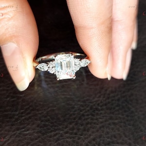 Emerald cut diamond Engagement Ring, Round side stones Certified ring, Trilogy diamond ring, emerald cut ring, emerald cut anniversary ring.