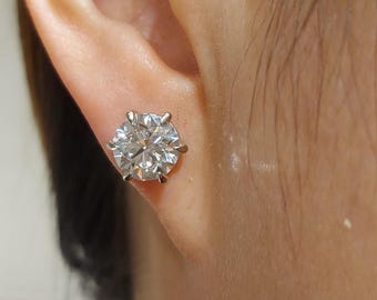 6 Carats Solid Gold Diamond Stud Earrings, White Gold Earrings Screw Back Brilliant Round Cut  Brides mate earrings, Birthday Gifts for Her