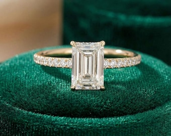 1.5 Carat E, VVS2 IGI Certified Lab Grown Emerald Cut Diamond Engagement Ring: 14K Gold Hidden Halo Anniversary ring.