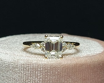 Vintage Emerald Cut Moissanite engagement ring unique Cluster gold engagement ring marquise diamond wedding Bridal art deco Anniversary.