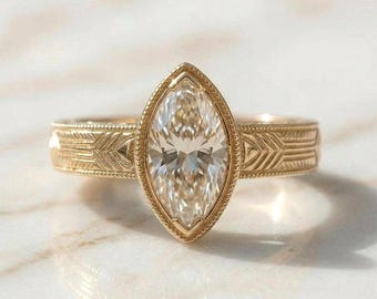 Marquise Cut Vintage Lab Grown E ,VVS2 Clarity IGI Certified Diamond Ring, Vintage Pear Marquise Ring with Floral Band, gift for her