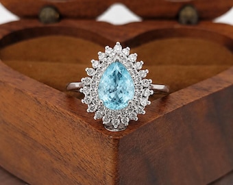 1.5 Ct Double Halo Pear Shape Cut Aquamarine Engagement Ring, Certified Pear cut, Natural Diamond ring, Aquamarine ring, Perfect gift