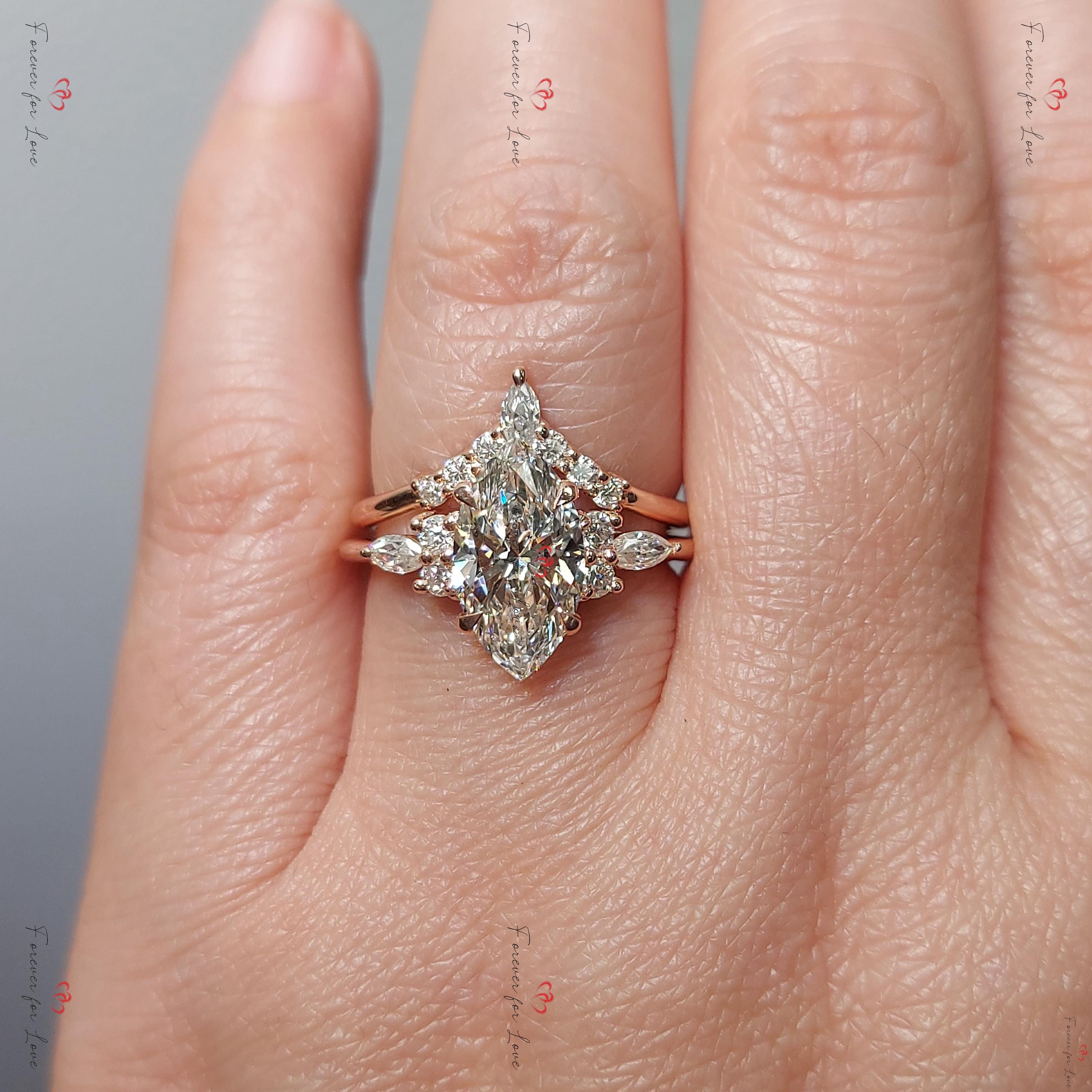 Marquise lab Grown Diamond Wedding Set, Vintage Oval diamond for her, Solid Yellow Gold Oval Bridal Set Anniversary Ring Diamond bridal Set.