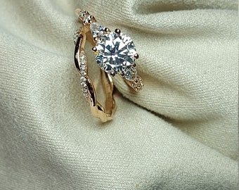 Antique Round Moissanite engagement ring, Pear Diamond cluster ring Rose gold Moissanite ring Round cut vintage Bridal set Anniversary gift