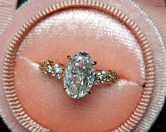 Oval Moissanite engagement ring vintage unique Cluster rose gold engagement ring women Promise diamond wedding Bridal art deco Anniversary.