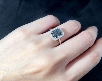 Green moissanite Vintage Halo Radiant Cut, 9*7mm / 3Ct Engagement Ring in  .15ct Diamonds Wedding Ring.