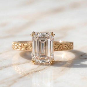Emerald Cut Vintage Lab Grown E ,VVS2 Clarity IGI Certified Diamond Ring, Vintage Emerald cut Ring with Floral Band, gift for her