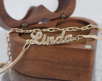 Pulsera con nombre de diamante, pulsera de oro de 14 k, pulsera con inicial de diamante, cadena con clip, oro amarillo sólido de 14 k, oro blanco, pulsera personalizada
