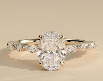 Anillo de compromiso único con diamante de 1.0 quilate, color E, claridad VVS2, cultivado en laboratorio y con certificación IGI. Banda vintage con diamante talla marquesa. Un regalo perfecto para ella.