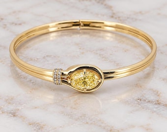 Solid Gold Bangle Bracelet for Women, Yellow Oval Cut Diamond Bracelet Bangle, Diamond Bangle Bracelet, Anniversary Gift For Her