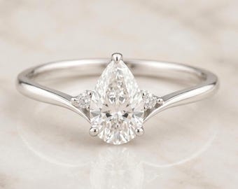 14k Solid Gold Pear Shaped Engagement Ring Pear Diamond Ring Lab Grown Diamond Ring Pear  Ring for Anniversary Gift Solid Gold Ring