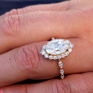 Unique Vintage Style 3ct hybrid crushed ice oval and marquise Moissanite Ring, Diamond Halo Engagement Ring Solid Gold Proposal Anniversary