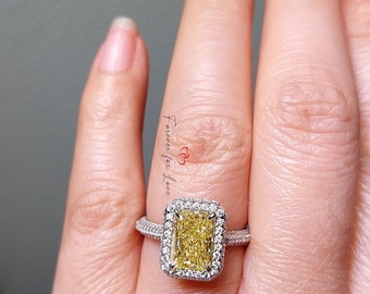 3 Ct IGI Lab Grown Yellow Radiant cut Diamond Wedding Ring Yellow Gold lab Created Diamond engagement Celebrity Radiant  Promise Ring