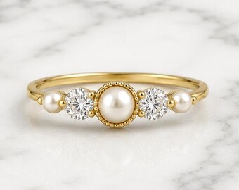 Dainty Fresh Pearl and Diamond Ring Wedding Band for Women  Floating Stacking Ring / Lab Diamond Stackable Band Perfect gift for her.