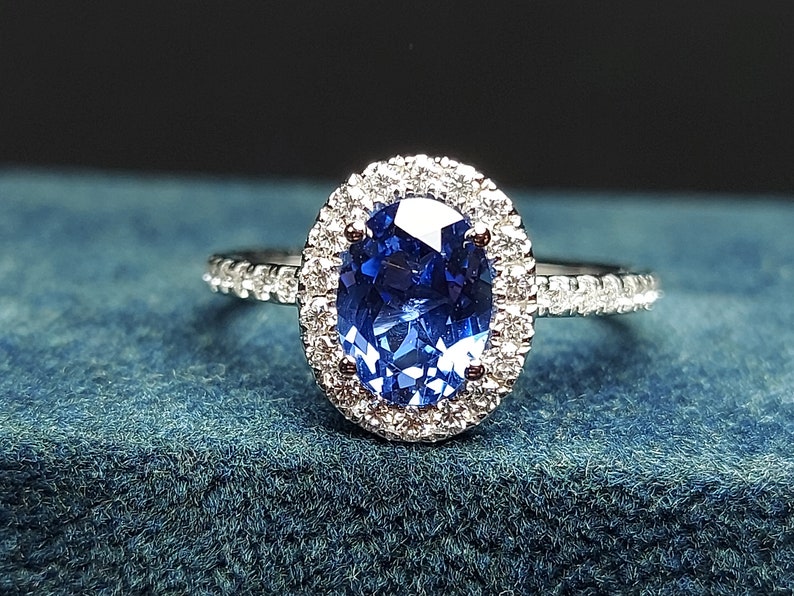 Vintage Blue Sapphire Engagement Ring, Princess Diana real sapphire Oval cut 14k yellow gold diamond ring, 2 Ct Blue sapphire ring. image 3