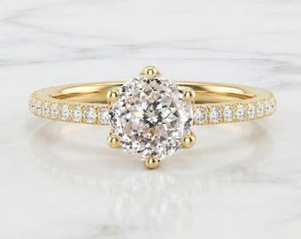 Portuguese Cut Diamond Engagement Ring, E,VVS2, IGI Certified lab diamond, 14k Gold Round Lab Diamond Ring, With Pave Band, Perfect gift