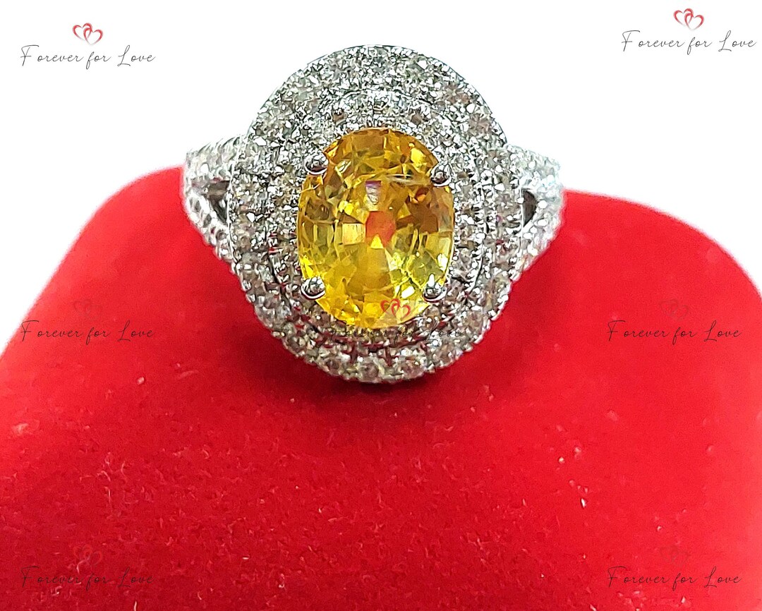 Vintage Yellow Sapphire Engagement Ring, Double Halo Natural Diamonds Yellow Sapphire 14k White