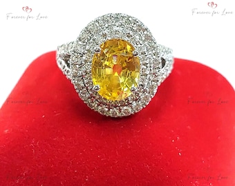 Vintage gele saffier verlovingsring, dubbele Halo natuurlijke diamanten gele saffier 14k witgouden diamanten ring, 1 Ct gele saffierring