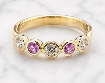14k Solid Gold Bubble bezel Round Lab Diamond Wedding Band Half Eternity Diamond Engagement Band Diamond and Pink sapphire Alternative Band