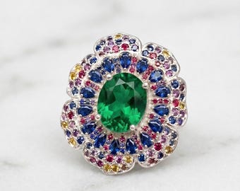 3 Carat Vintage Floral Emerald Halo Ring, Multi Color tourmaline natural Cluster Ring, Statement Cocktail Ring, Perfect gift