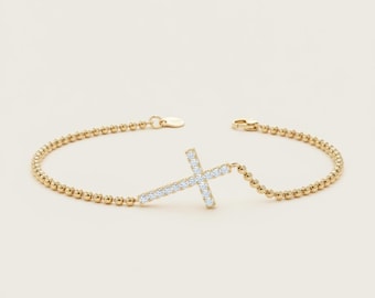 Pulsera de diamantes de oro de 14 k, pulsera con cruz, cadena de bolas sólida, joyería cristiana, oro macizo, pulsera delicada, regalo para ella