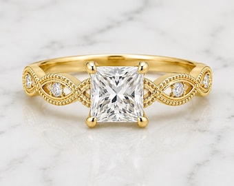 Princess Cut Diamond E VVS2 IGI Certified Lab Grown Diamond Ring Unique Anniversary Gift Round side stones with Miligrain Perfect gift