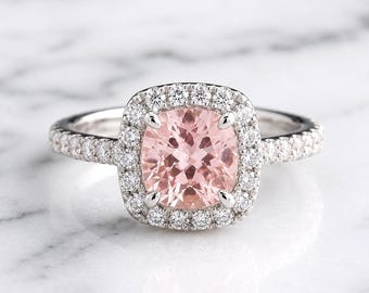 1.25 ct Pink Morganite Engagement Ring 14K White Gold Diamond Women Wedding Halo Bridal Art Deco Anniversary Gift for her.